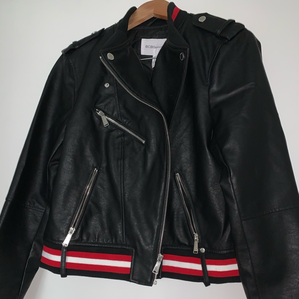 BCBG black bomber leatherette jacket size L